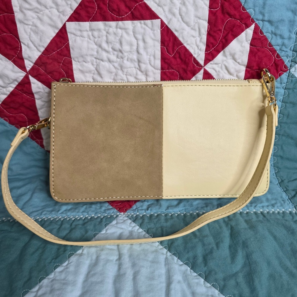 Street Level Two Tone Tan Beige Faux Suede Leather Shoulder Bag Wristlet Clutch